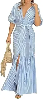 [ebossy] Women's 2025 Boho Striped Shirt Dress Button Up Ruffled Mermaid Fishtail Maxi Dress with Pocket