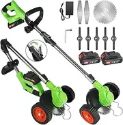 Cordless Electric Weed Wacker - 21V Grass Trimmer with Wheels & 3 Blade Types, 3-in-1 Foldable String Strimmer/Edger/Brush Cutter for Garden & Yard