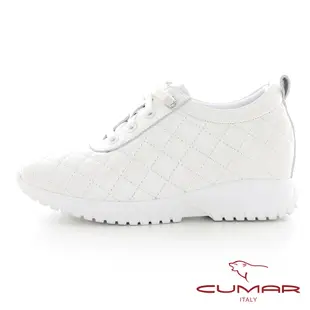 【CUMAR】車菱格彈力鞋帶內增高休閒鞋-白