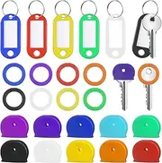 Swpeet 90Pcs Tags With Split Ring Label Window and Caps Kit, Assorted Colors Covers Protectors Identifier Coding Label Covers Fits for Standard Regular Thin Flat House Keys