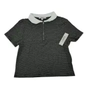 Striped Crop Top White Collar Quarter Zip Short Sleeve Black and White Size M