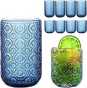 Blue Drinking Glasses Set of 12, 12 Oz Highball & 10 Oz Cocktail Glasses, Blue Kitchen Vintage Glassware Set, Floral Embossed Glass Tumbler Cups for Water, Beer, Juice, Whiskey, Coffee