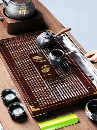 茶盤 簡約實木茶盤家用功夫茶具套裝大茶海托盤瀝水不銹鋼底小茶台客廳【MJ9852】