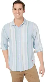 Tommy Bahama Men's Break Line Stripe Linen Shirt (Zephyr Blue, Medium)