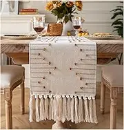 Boho Table Runner 13 x 90 Inch Long Natural Cotton Woven Runner with Tassels for Home Dining Table décor, for Modern Farmhouse Decor Coffee Table Runner, Brown and Beige