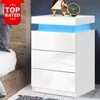 Bedside Table RGB LED White Gloss 3 Drawers Lift Up Storage Nightstand