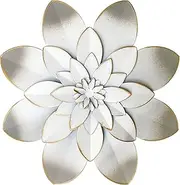 White Metal Flower Wall Art Decor, 9.5“ Rustic Modern Floral Sculpture, Distressed Hanging Home Decoration Accent Artworks for Indoor Bedroom Living Room Office Outdoor Garden Patio
