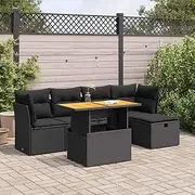 6 Piece Garden Sofa Set with Cushions Black Poly Rattan Acacia, Garden Furniture Sets
