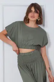 Green Crop Top Short Sleeve Round Neck Linen - Size 14, Women's Semi Crop