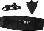 LABRIMP Men's Satin Bow Tie Cummerbund Set Handkerchief Black Tuxedo Party Wear