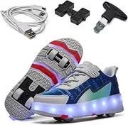 [NYKJBD] Unisex Kids LED Roller Skate Shoes with Double-Row Wheel USB Charge Light up Roller Shoes Girls Boys Luminous Skateboarding Sneakers,Blue-1LittleKid