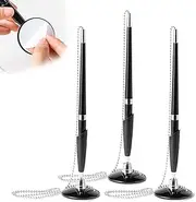 Hunken 3 Pcs Fixed Base Ballpoint Pen Set, Plastic Signature Pens with Stand and Chain, Black Ink Writing Pen for Reception Desk, Registry, Office, Wedding, and Party Decor (Black)