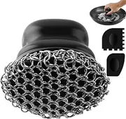 Stainless Steel Chainnet Scrubber with 2 Scrapers, Cast Iron Cleaner, Stainless Steel Cast Iron Scrubber, Pan Cleaner for Woks, Pans, Grills, Oven, Black (Black, Large Chainring)
