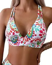 [Tainehs] Women's Bikini Tops V Neck Color Block Swimsuit Twist Front Bathing Suit