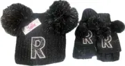 Justice for Girls Black Hat & Mitten Set Initial "R"~Onesize~NWT~Christmas