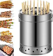 Portable Kebabs Charcoal Grill, 15.4 inch Stainless Steel Smokeless Barbecue Charcoal Barrel Grill with 28 Skewers, Surround Charcoal Kebab Grill for Outdoor Indoor Camping