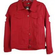 Boooo Womens Sully Distressed Oversize Denim Red Ripped Jeans Jacket Size 4