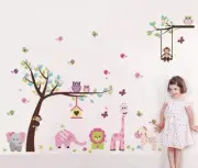 Runtoo Pink Wall Decals for Nursery Jungle Animals Tree