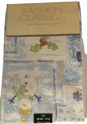 Fashion Industries Vintage White Christmas Tablecloth Snowman Oval 60 x 84" Blue