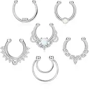 [Drperfect] 6Pcs Opal Fake Septum Ring for Women CZ Nose Ring Non-Pierced Clip On Nose Hoop Jewelry