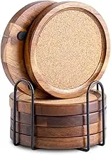 WLWNWFT Wooden Coasters for Glasses, Set of 6, 11 cm Coasters Glasses Cork with Holder, Glass Coasters Wood Cork Coasters Round for Drinks, Bar, Cups, Glass