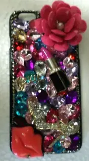APPLE iPHONE 10X Pink Black Multi-Color Rhinestones Lip Lipstick Sexy Heel Case