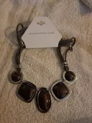 Christopher & Banks Silvertone Burgundy Bead Gray Cord Necklace (C22)