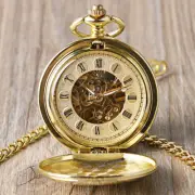Gold Smooth Mechanical Pocket Watch Hand Winding Roman Numerals Dial Fob Watches