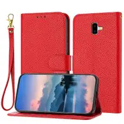 Galaxy J6 Plus J610 Case Litchi Grain PU Leather Folio Cover Magnetic Closure Flip Wallet Card Slots Stand Case With Hand Strap, Brown - Red