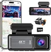 oolong Dash Cam Front and Rear, 4K+1080P Dashcam with 64GB Card,Car Dash Camera Built-in WiFi, GPS, 24 Hours Parking Monitor,G-Sensor,WDR, Super Night Vision,Parking Monitor,Loop Recording