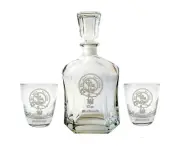 Custom Made Scottish Clan Crest Decanter and Rocks Glass Set, Clan Badge