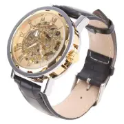 Mens Black Leather Gold Skeleton Mechanical Sport Wrist Watch