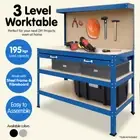 3-Layer Steel Work Bench Garage Storage Table Tool Shelf Pegboard Drawer- Blue