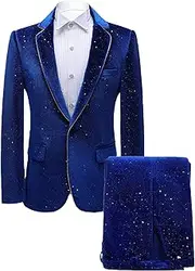 [JEShifangjiusu] Two Piece Velvet Tuxedo Printed One-Button Suit Wedding Banquet Suit Jacket Prom Pants, Blue, M