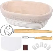 Bread Proofing Basket Set, 10" Oval Bread Proofing Basket, Sourdough Bread Making Tools Kit with Dough Whisk, Dough Scraper, Bread Lame and Blades for Bread Baking, Gifts for Bread Bakers