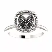 Sterling Silver Cushion Cut Solitaire Ring Setting - Beaded Halo Style Ring Moun