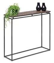 Narrow Black Hallway Console Table with Copper Textured Wood Top
