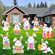 9 PCS Easter Yard Signs Easter Bunny Outdoor Sign with Stakes Bunny Egg Garden Sign Plastic Rabbit Lawn Decorations for Outdoors Garden Yard Hunt Game Props Party Decor