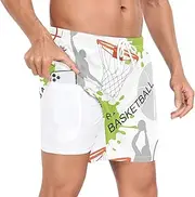 [GuoChe] Mens Swimwear Trunks Mens 2In1 Workout Shorts Basketball Player Grunge Sports Gray Green with Pockets and Compression