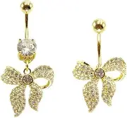 [Niaspi] 2Pcs 14G CZ Rhinestone Bowknot Belly Button Rings for Women 316L Surgical Steel Dangle Belly Rings Curved Navel Barbell Dainty Belly Piercing Jewelry