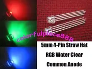 50pcs, 5mm Straw Hat 4-Pin RGB Common Anode Red Green Blue Water Clear LED Leds