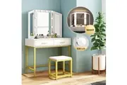 Large Vanity Dressing Table Makeup Desk Set with 10 LED Lighted Mirror Stool 2 Drawers White