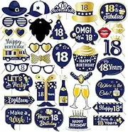18th Birthday Photo Booth Props - 34Pcs Blue & Gold Party Supplies for Boys Men - 18th Birthday Party Table Centerpiece Decorations Cheers to 18 Years Old Toppers Photo Booth