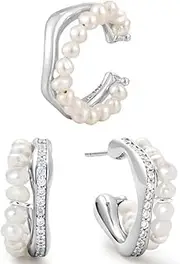 [Tomovely] Women's Pearl Jewelry Set Pearl Earrings Women's Pearl Rings Small Pearl Hoop Earring Pearl Statement Band Ring Women and Girls Jewelry Gifts