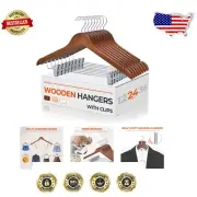 24-Pack Walnut Wooden Hangers with Clips for Elegant Closet Organization