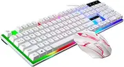 Sewroro Set Wired Gaming Keyboard Mouse Set with Colorful LED Backlight Floating Keycap Design Draining for Liquid Protection for Computer Gaming and Accessories White