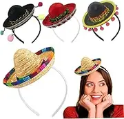 Mini Sombrero Hats, 4PCS Mexican Hat with Elastic Headband, Mexican Sombrero Headband for Theme Party Photo Props