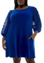 NWT Nina Leonard Mesh Textured Balloon Sleeve Mini Trapeze Dress Sz L