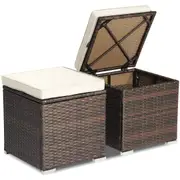 Costway 2x Outdoor Rattan Ottoman Footstool w/White Cushion Storage Box Side Table Backyard Patio Garden