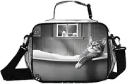 Insulated Lunch Box Cat Funny Bathtub for Women Men - Ideal for Work, Picnics - Includes Adjustable Shoulder Strap